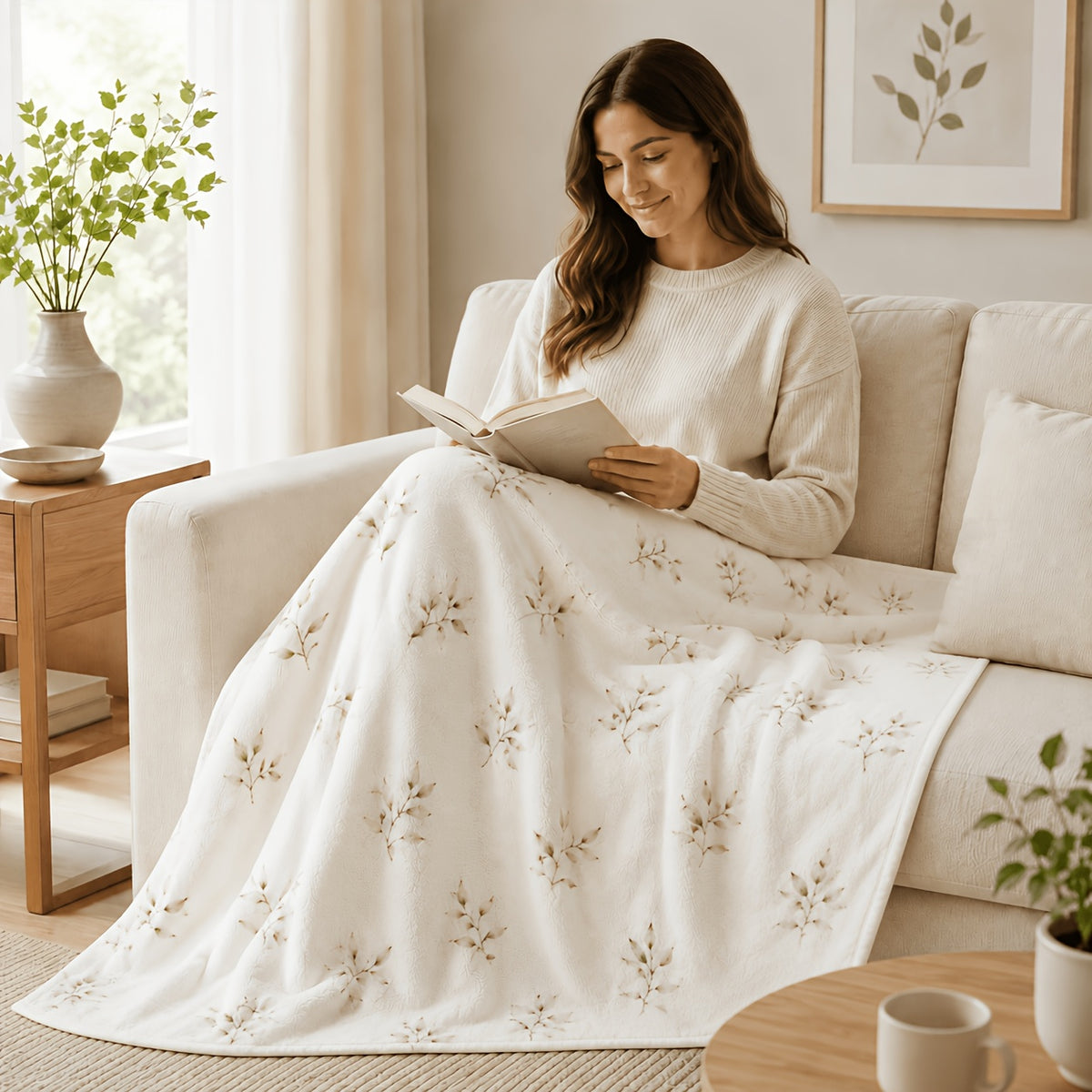 Posters & Prints 2D Flat, Light Olive Fine Leaf Simple Blanket Warm White Green Leaves Living Room Sofa Bedroom Lunch Break Air Conditioning Blanket, 2D Flat