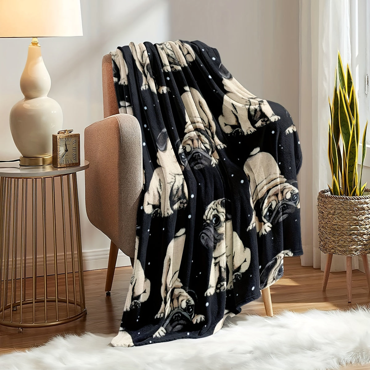 1pc 2D Flat Print Pug Dog Starry Sky Themed Blanket, Soft Flannel Blanket¡ªblack Starry Sky Design, Multiple Sizes Available, Suitable for Living Room, Bedroom, Sofa, Couch, and Reading Area, 2D Flat