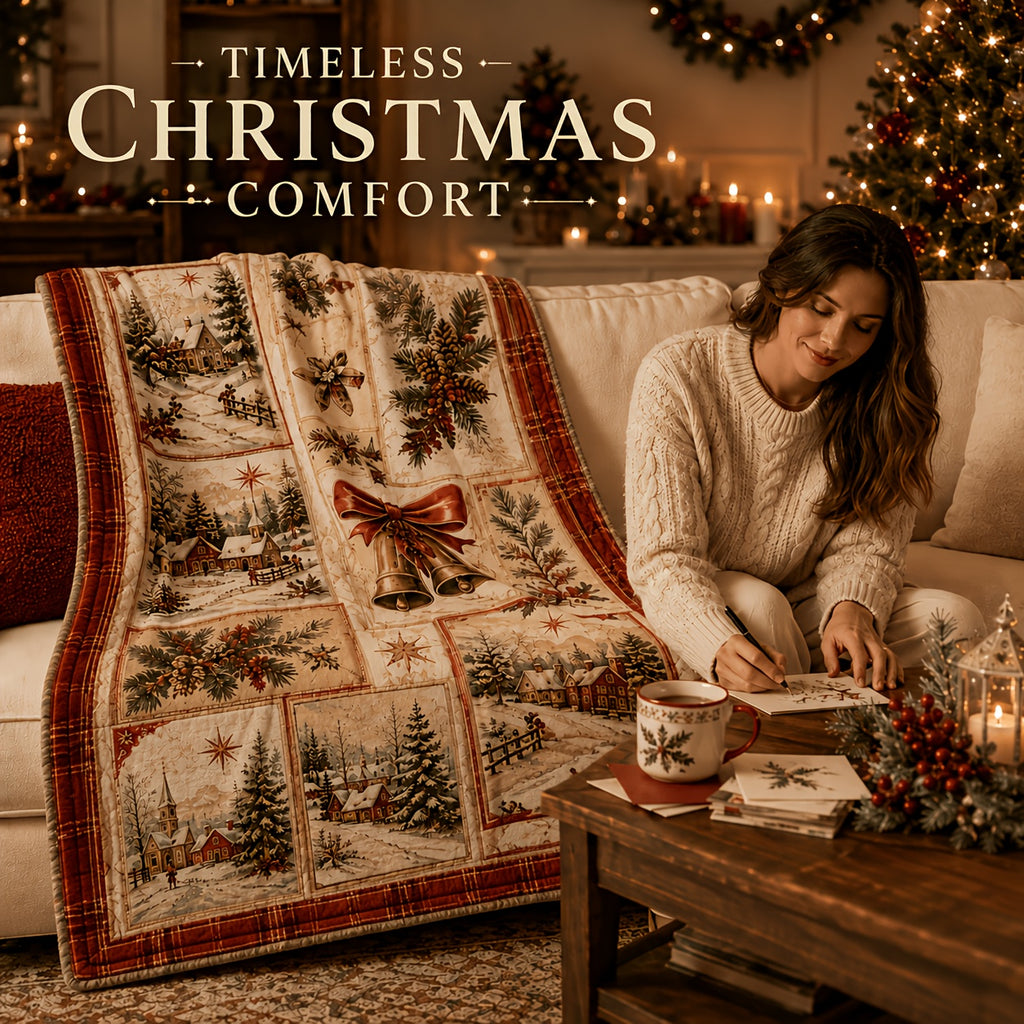 Blanket, Vintage Christmas Postcard Blanket Nostalgic Snow Village Pine Branches Red Fruit Bells Living Room Sofa Bedroom Lunch Break Blanket