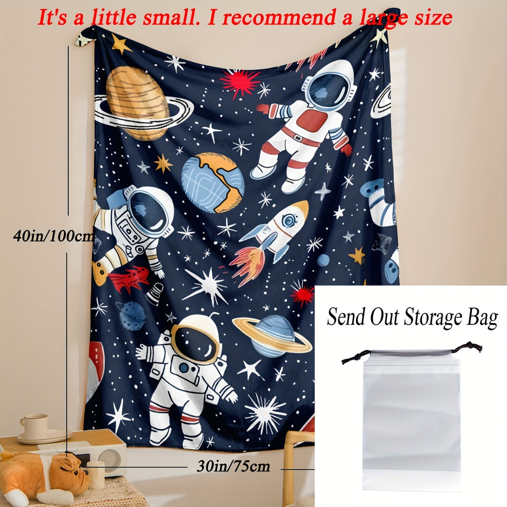 1pc Cozy Astronaut Blanket - Soft Flannel Fleece Space-Themed with Planets & Rockets, Lightweight All-Season Throw Suitable for, Sofa, Travel, Camping, & Room Decor