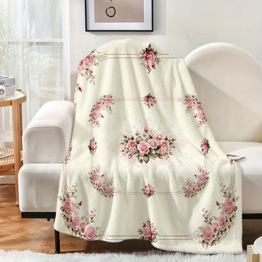 1pc Pink Rose Border Pattern Blanket, Vintage Style Design, Soft Plush Surface, Lightweight and Durable Flannel Material, Multiple Sizes Available, Perfect for Holiday Gatherings, Living Room Lounging, Bedroom Warmth, Study Reading, Seasonal Home