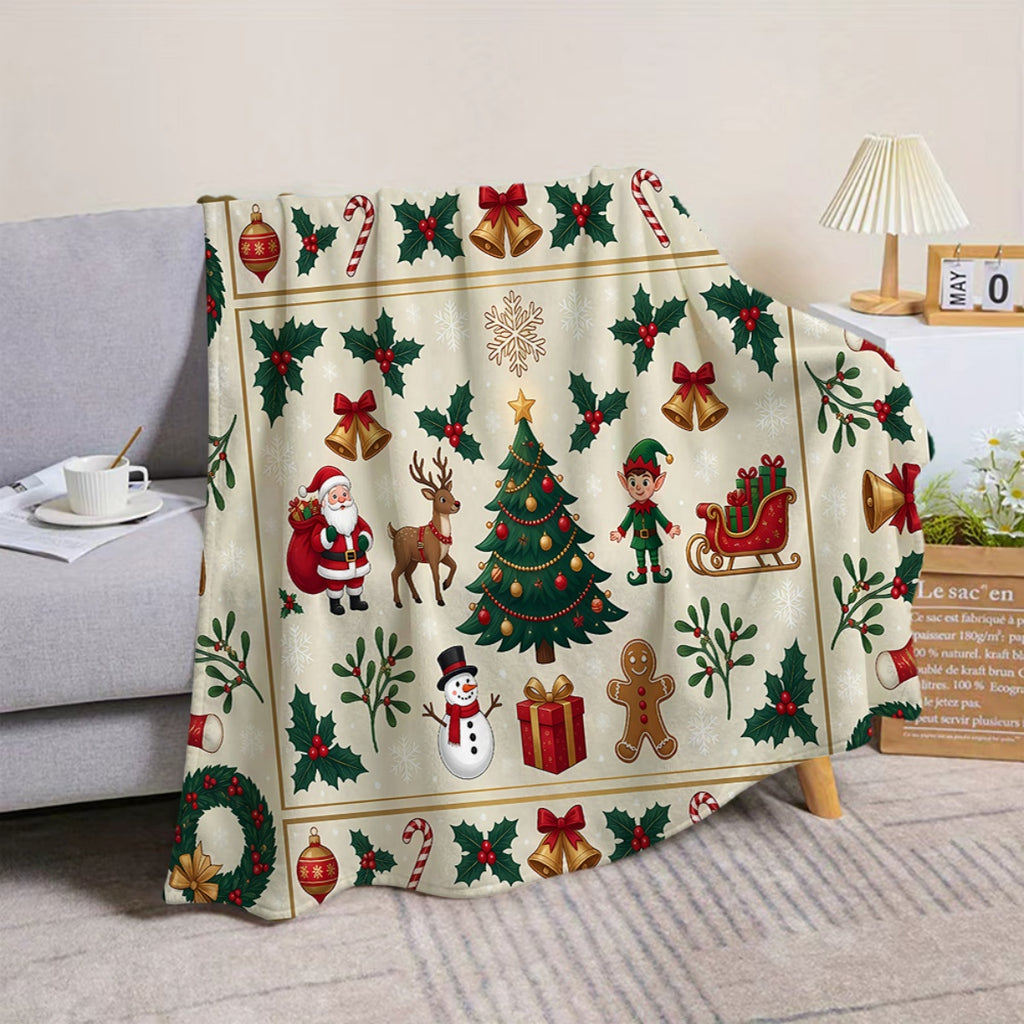 1pc, Santa And Reindeer Pattern Christmas Theme Flannel Blanket, Soft Comfortable Warm, Beige Design, Durable Plush, All-Season Sofa Blanket, Warm Cover, Multiple Sizes Available, Suitable for Living Room Sofa, Bedroom, Reading Corner