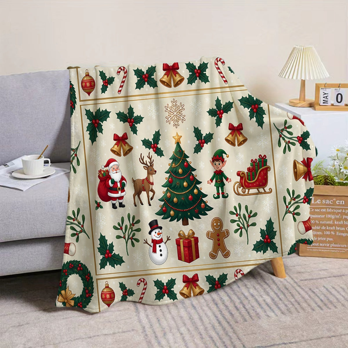 1pc, Santa And Reindeer Pattern Christmas Theme Flannel Blanket, Soft Comfortable Warm, Beige Design, Durable Plush, All-Season Sofa Blanket, Warm Cover, Multiple Sizes Available, Suitable for Living Room Sofa, Bedroom, Reading Corner