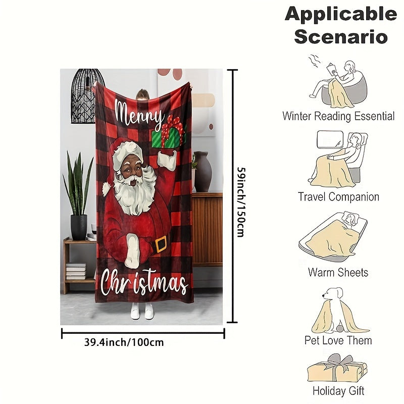 Warm And Comfortable Christmas Flannel Throw Blanket Featuring a Plaid Santa Design, Perfect for Your Couch,, Or Office. A Hypoallergenic Gift Suitable for All Seasons