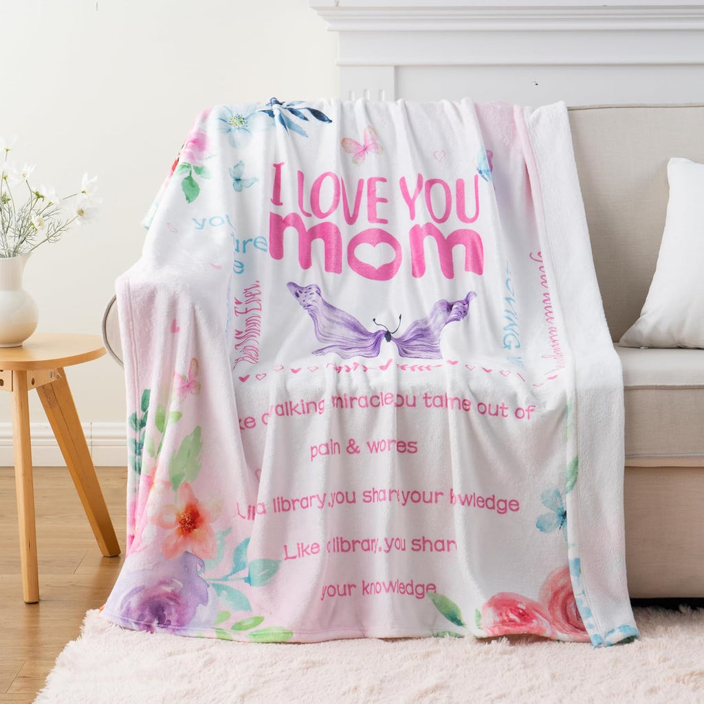 Battilo Throw Blankets Anniversary Birthday Gift for Mom from Daughter Son, I Love You Mom Blanket, Super Soft Flannel Throw Blankets for Bed Couch, 50x60