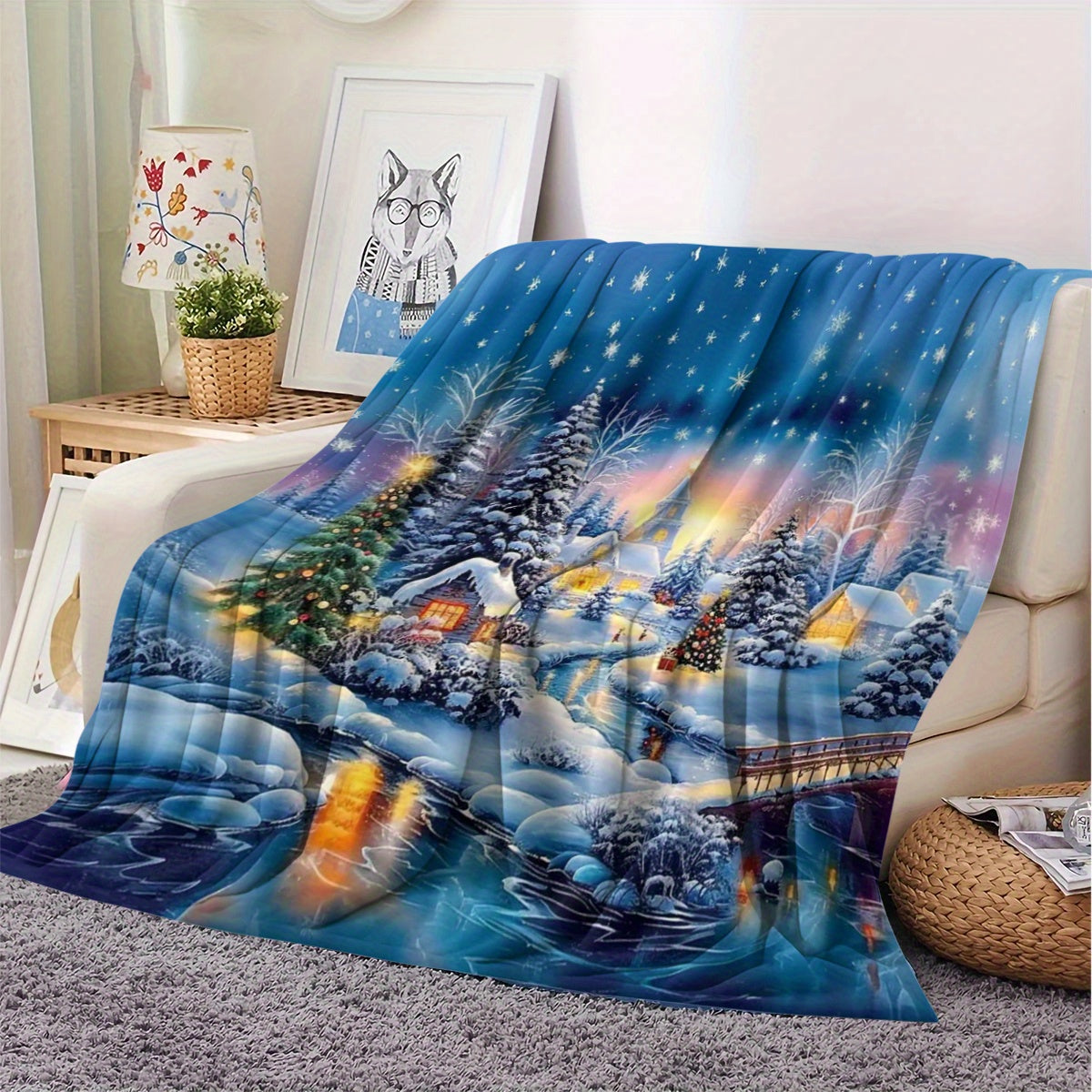 Christmas Village Pattern Flannel Blanket, Soft and Warm Lunch Break Blanket, Suitable for Sofa, Travel, Camping, Living Room, Office, Chairs, Available in Four Seasons, Hot Printed Flannel Blanket, Multipurpose Blanket