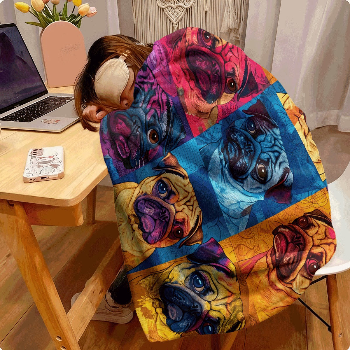 1pc Colorful Pug Dog Patchwork Flannel Blanket Soft, Cozy Throw for All Seasons, Ideal Gift for Dog Lovers, Vibrant Home Decor Accent, Dog Blanket