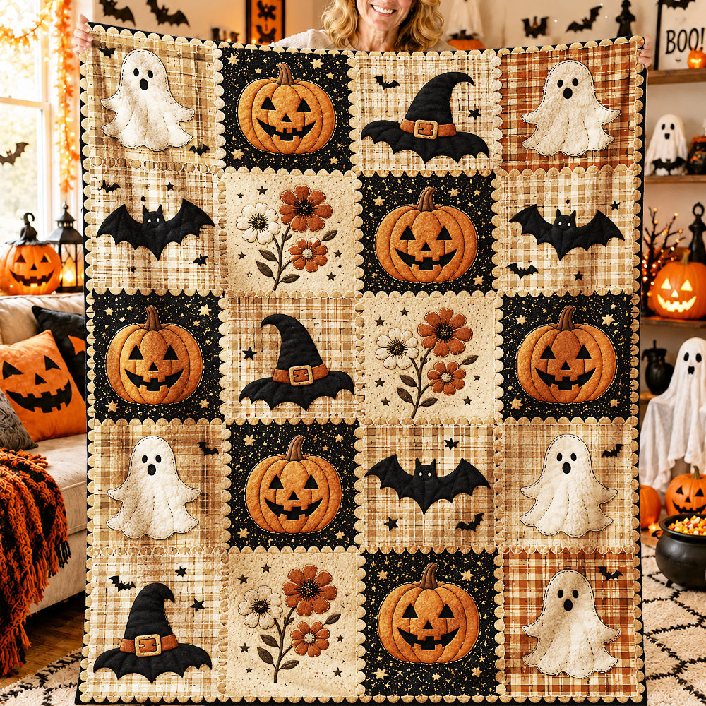 1pc Vintage Country Style Halloween Flannel Blanket, Cream-colored Plaid Pattern with Jack-o'-Lantern, White, Black Bat, and Autumn Floral Patchwork Style Print, Cozy 2D Bedspread, Suitable for Bedroom, Sofa, Bed, and Fall Home Decor