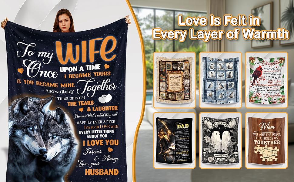 Blanket for My Wife from Her Husband, Cozy Throw Featuring a Romantic Wolf Pair for Couch, Bed, Or Sofa, Super Soft And Warm, Perfect Birthday Gift for Wife, Wedding, Anniversary, Or Valentine'S Day