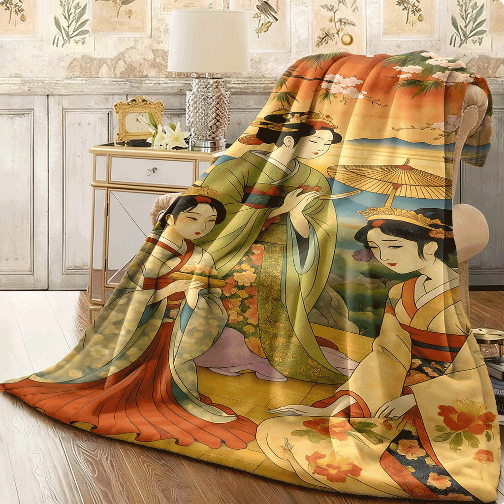 1pc Japanese Traditional Geisha Flannel Blanket Vintage Ukiyo-e Style with Cherry Blossoms & Scenic Backdrop Soft Cozy All-Season Throw for Home Decor Sofa Couch Cover