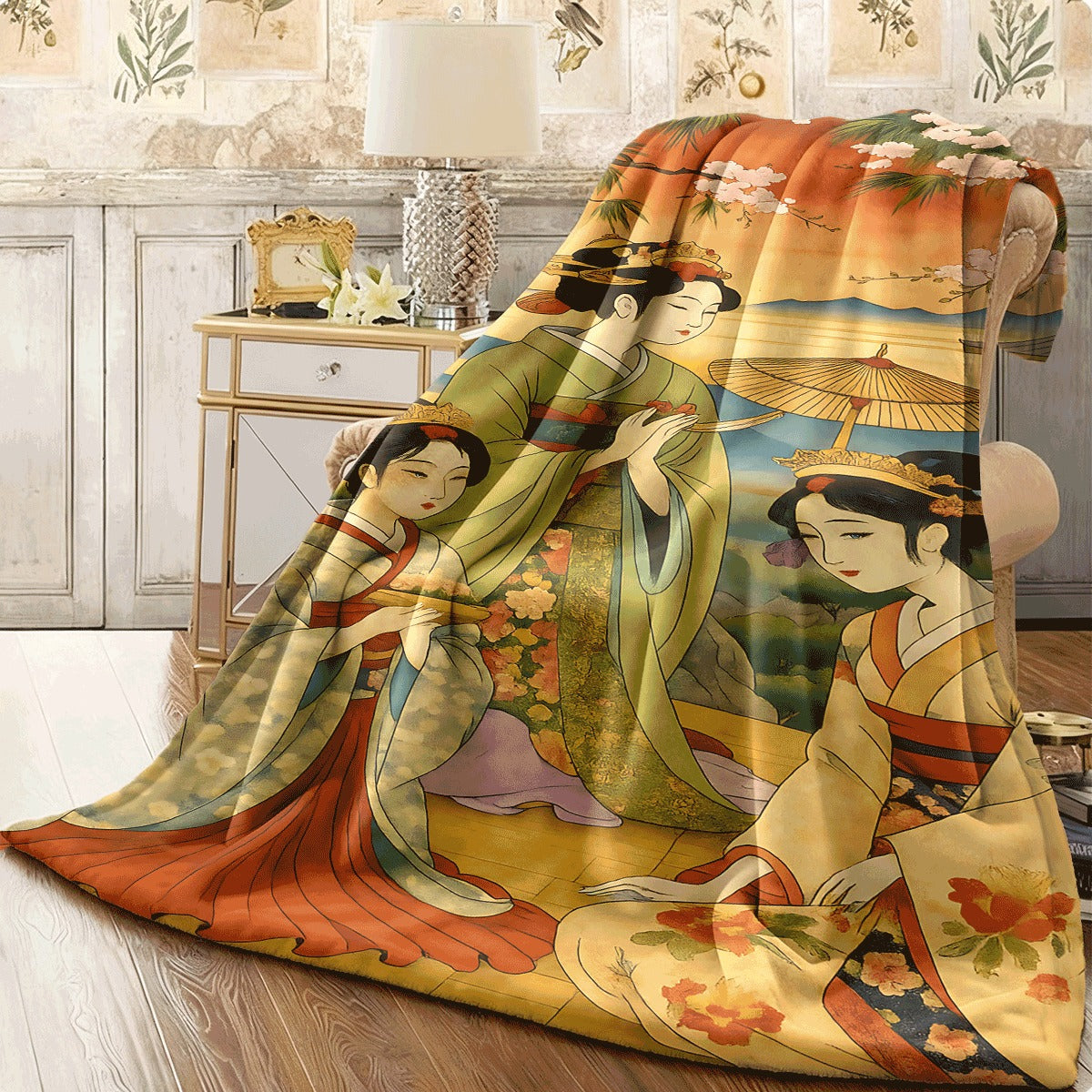 1pc Japanese Traditional Geisha Flannel Blanket Vintage Ukiyo-e Style with Cherry Blossoms & Scenic Backdrop Soft Cozy All-Season Throw for Home Decor Sofa Couch Cover