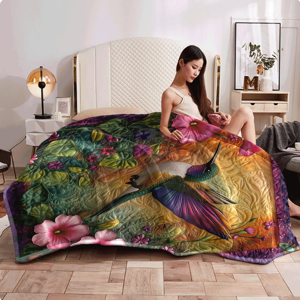1pc Bohemian Style Colorful Hummingbird And Floral Print Flannel Blanket Soft Warm All-Season Throw for Sofa Office And Travel Vibrant Mixed Colors Machine Washable Perfect Gift for