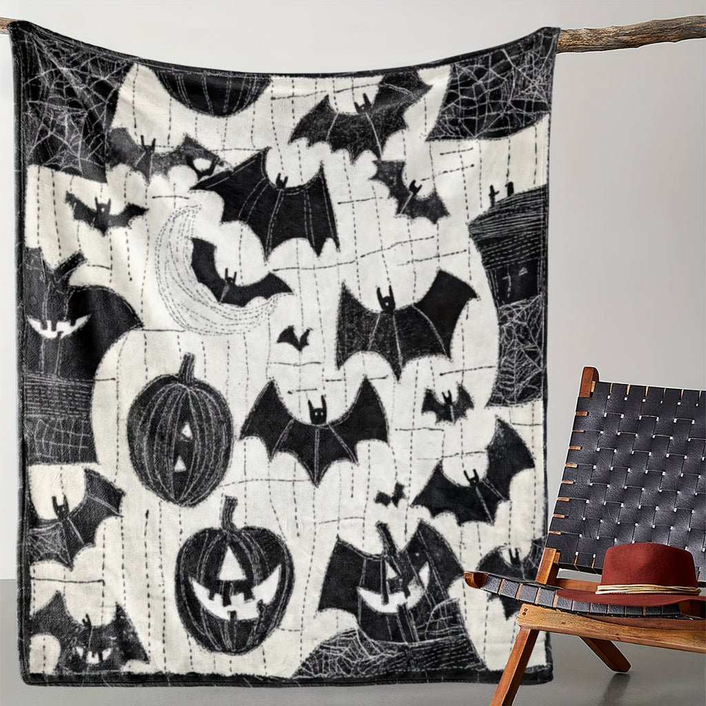 1pc Halloween Bat and Pumpkin Print Blanket, Dark Gothic Throw Blanket, Super Warm Soft and Cozy Flannel Blanket, Multiple Sizes Available, Suitable for Living Room, Bedroom, Study, Balcony