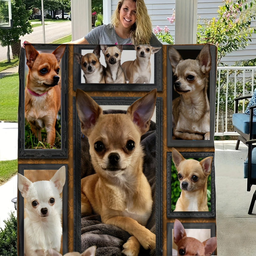 1pc Vintage Style Chihuahua Dog Print Flannel Blanket - Soft Warm All-Season Throw with Multi-Color Animal Design, Hand Wash Only for Couch Sofa Bed Office Camping Travel, Cozy Home Decor Gift, Dog Blanket, Durable Fabric, Pet Owners