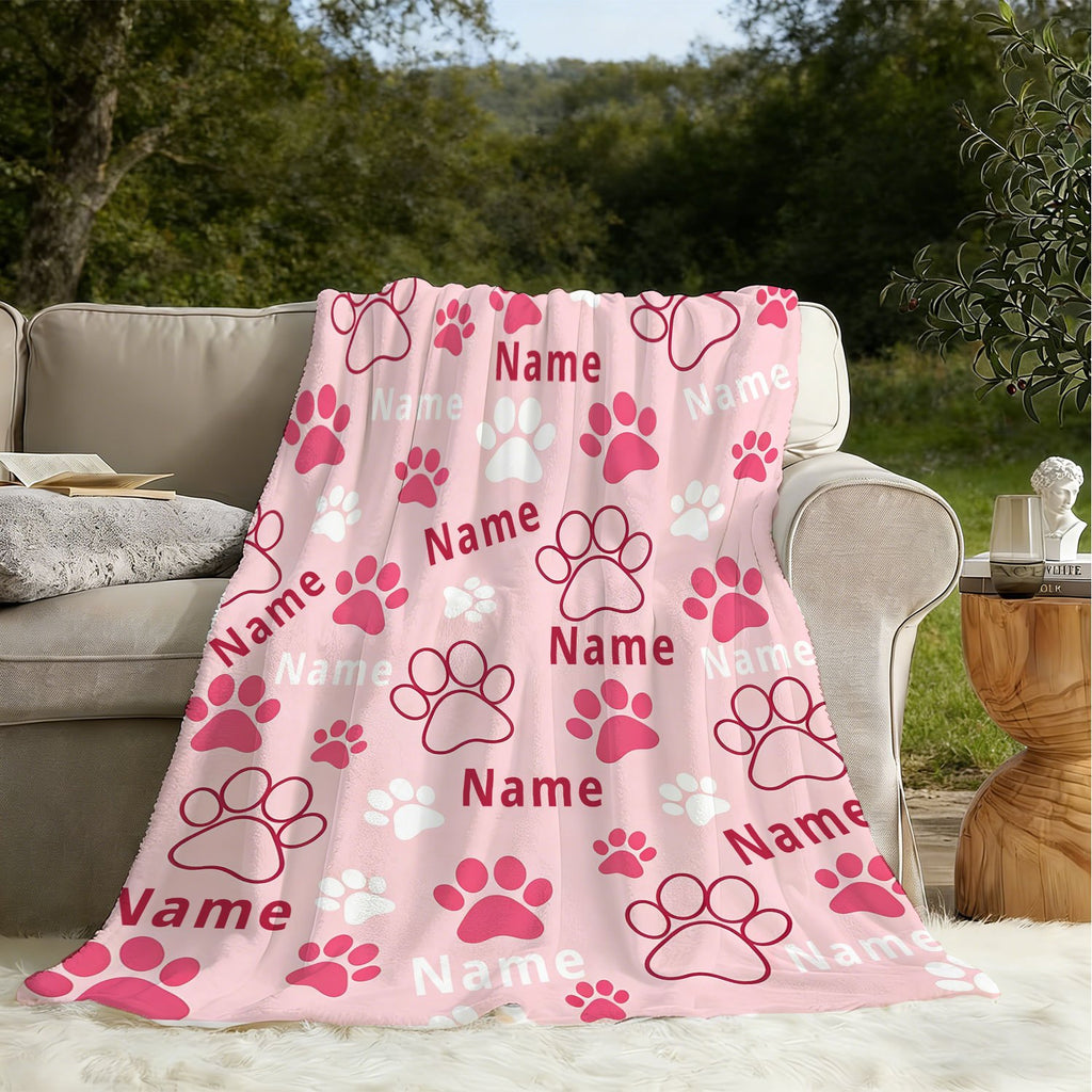 Personalized Custom Name Blanket, Dog Paw Flannel Blanket, Plush Blanket Gift for Outdoor Enthusiasts, All-Season Gift Blanket Suitable for Home and Travel, Comfortable Personalized Blanket, Holiday Gift for Family and Friends
