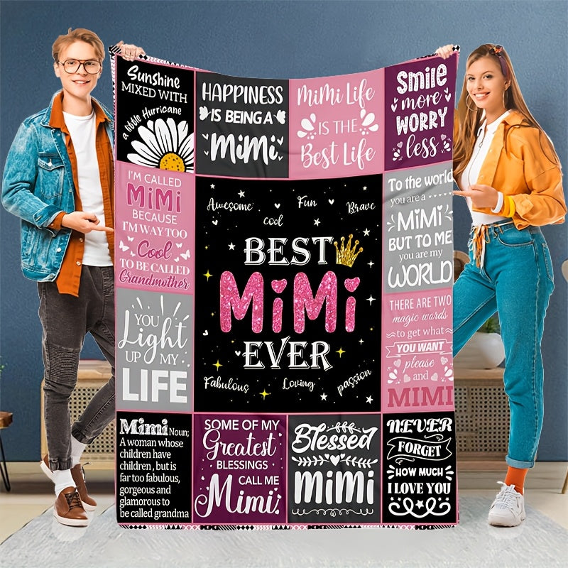 1pc Cozy Best Mimi Ever Pink Plaid Patchwork Flannel Throw Blanket- Soft, Warm, and Stylish with Heartfelt Quotes- Perfect for Sofa, Bed, Office, and Travel- Ideal Gift for Birthdays and Holidays, Travel Accessory| Playful Design| Flannel Blanket,