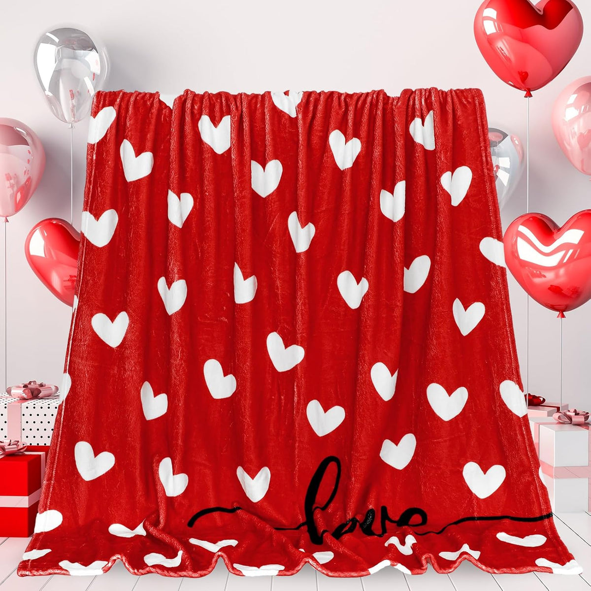 Valentine Fuzzy Blanket Love Heart Throw Blanket Red Cozy Flannel Blanket for Home Bed Sofa Couch Chair, 50 X 60 Inch