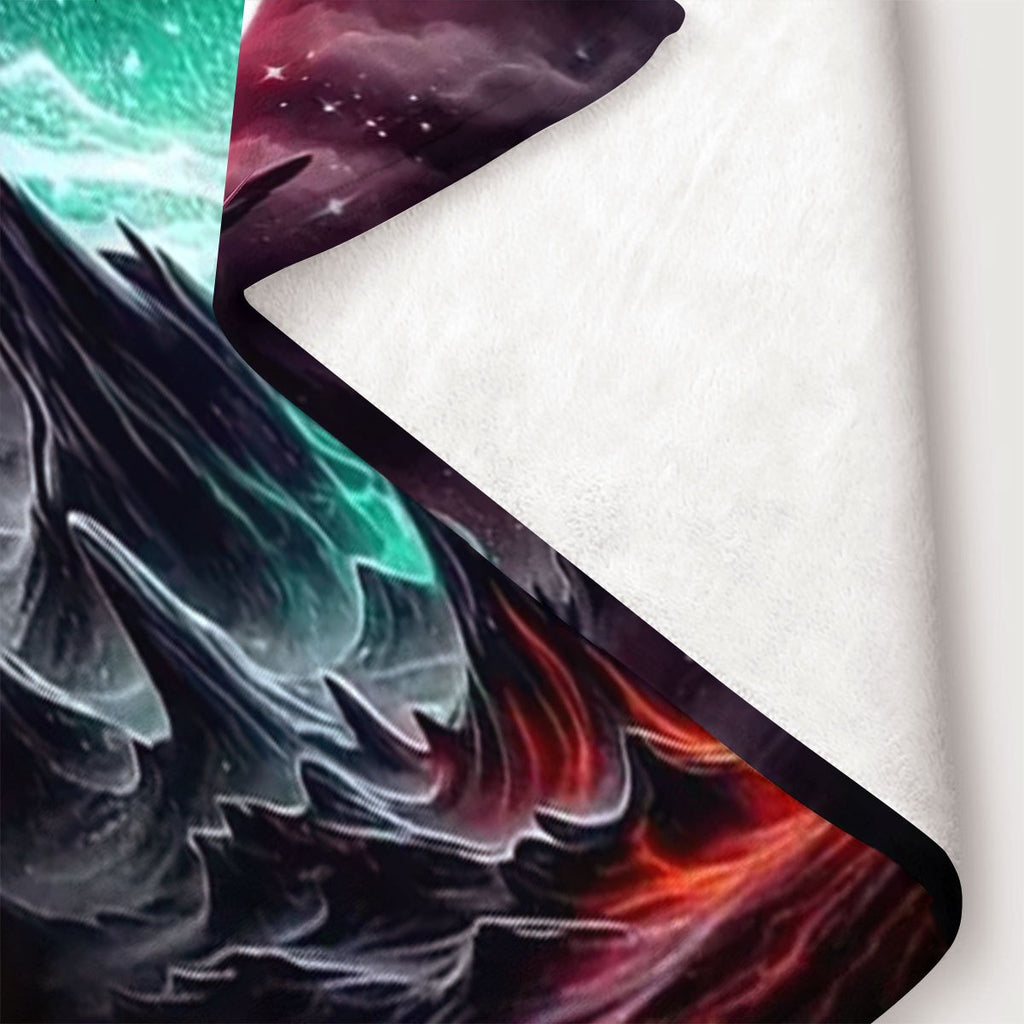 1pc 2D Flat Print Starry Sky Wolf Head Themed Blanket, Soft Flannel Blanket¡ªblack, Red, and Green Gradient Design, Multiple Sizes Available, Suitable for Living Room, Bedroom, Sofa,, and Reading, 2D Flat