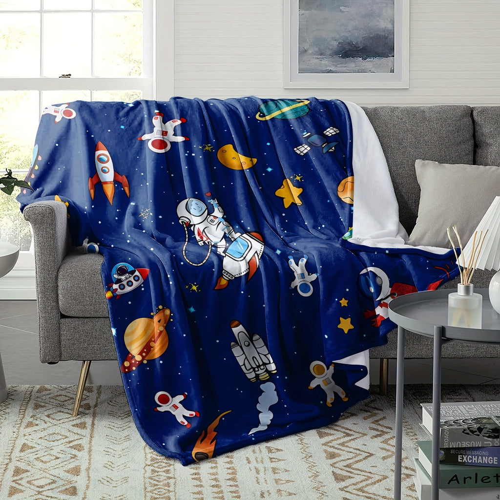 1pc of Flannel Blanket Featuring a Cartoon Flying Saucer in Space, Soft And Cozy, Perfect for Use on a Sofa,, Or at The Office; a Small Throw Ideal for Lunch Breaks, And a Great Gift for Halloween Or Christmas