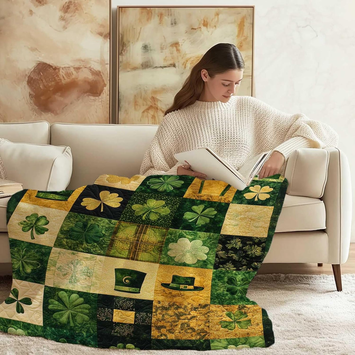 Classic Irish Shamrock Quilt Cover, Clover Patchwork Throw for St. Patrick'S Day, Comfortable And Warm Blanket for Living Room, Couch, Or Bedroom, Cheerful Green Decoration for All, 40X50 Inches