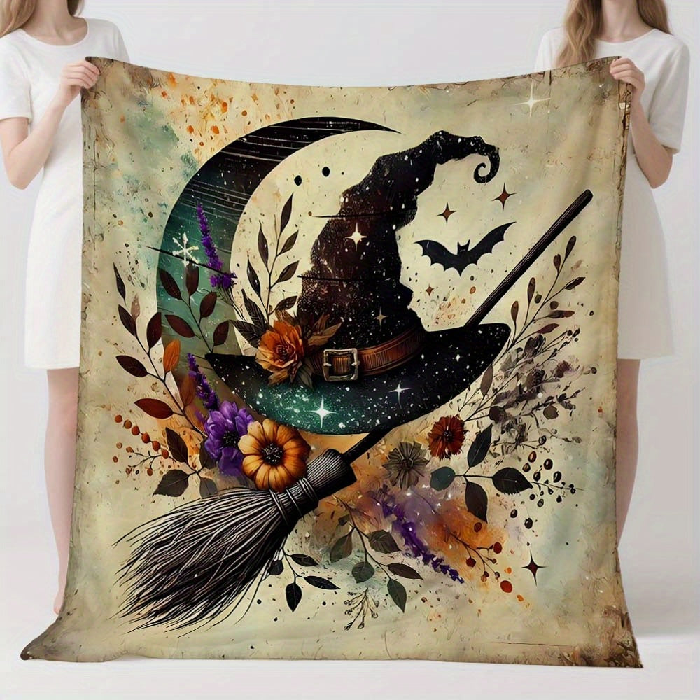 1pc Halloween Witch Hat Blanket, Witch Hat Printed Design, Body Cover Blanket, Soft Fleece Plush, Lightweight And Durable, Multi-Size Available, Suitable for Holiday Decor, Living Room Leisure, Bedroom Warmth, Party Decoration
