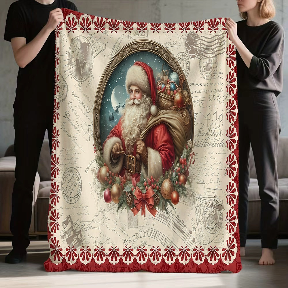1pc Santa Claus And Holiday Decor Flannel Blanket, Soft Comfortable Warm, Beige And Red Design, All-Season Sofa Blanket, Warm Throw Blanket, Multiple Sizes Available, Suitable for Living Room Sofa, Bedroom, Reading Corner, Holiday Parties