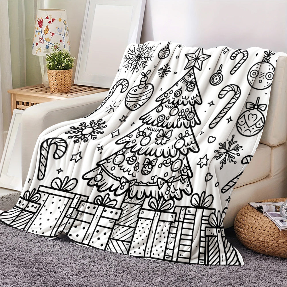 1pc Large Flannel Blanket with Black and White Christmas Tree and Gift Pattern, Simple Holiday Design, Suitable for Weekend Naps on the Sofa, Reading Time, and Seasonal Home Use