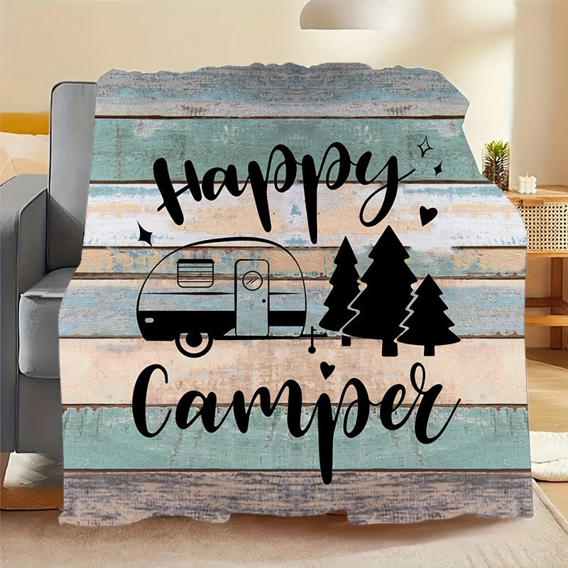 Warm Flannel Throw Blanket Showcasing a Cheerful Camper Motif, Washable in a Machine, Designed with Quilted Features, Digitally Printed, Suitable for Any Season, Made from Polyester, Ideal for Sofas And Beds