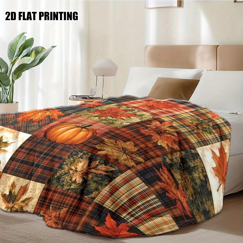 1pc Autumn Maple Leaf and Pumpkin Pattern Flannel Blanket, Soft, Comfortable, and Warm, Red-Brown Plaid Design, Durable Plush Surface, All-Season Universal Bed Blanket, Warm Throw Blanket, Suitable for Living Room Sofa, Bedroom Bed, Leisure Reading