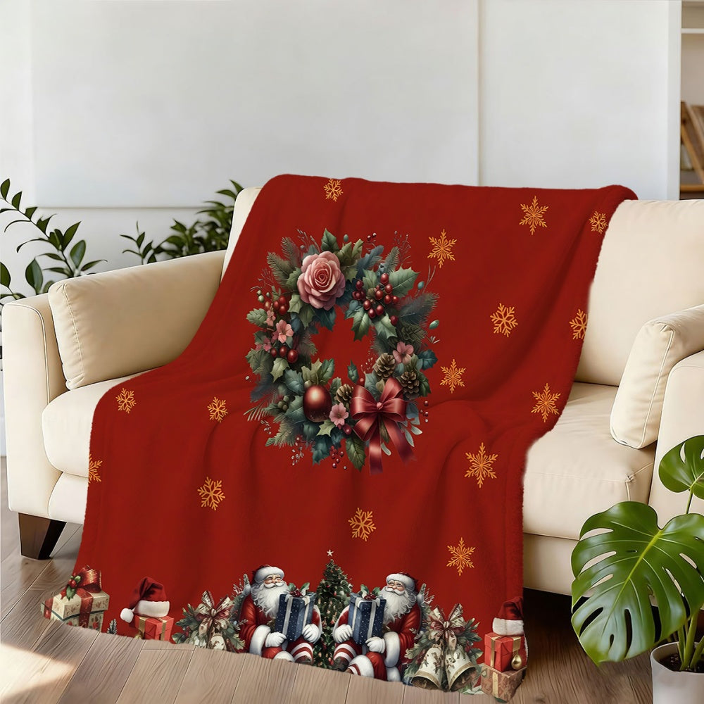 1pc Christmas Wreath and Santa Claus Themed Red Flannel Blanket, Soft, Comfortable, and Warm, Festive Design, All-season Universal Throw, Warm Lap Blanket, Multiple Sizes Available, Suitable for Living Room Sofas, Bedroom, Reading Nooks