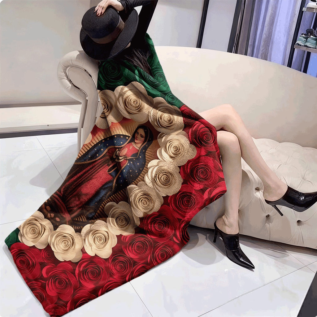 1pc a Flannel Blanket Featuring Religious Imagery of The Encircled by Three-Dimensional Paper Roses, Ideal for Spiritual Catholic Home Decoration, Soft And Cozy for All Seasons, Showcasing Traditional Religious Art Design