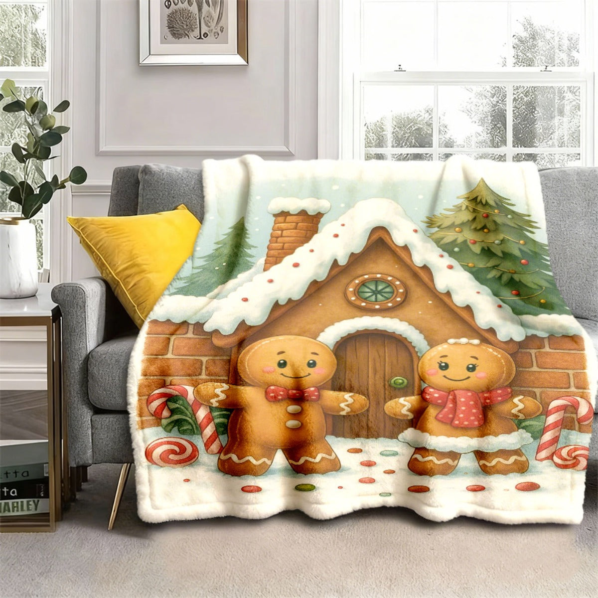 1pc Gingerbread Man And Snow House Pattern Warm Yellow Flannel Oversized Blanket, Christmas Winter Decor, Holiday Home Decoration, Reading Time, Home Nap Use
