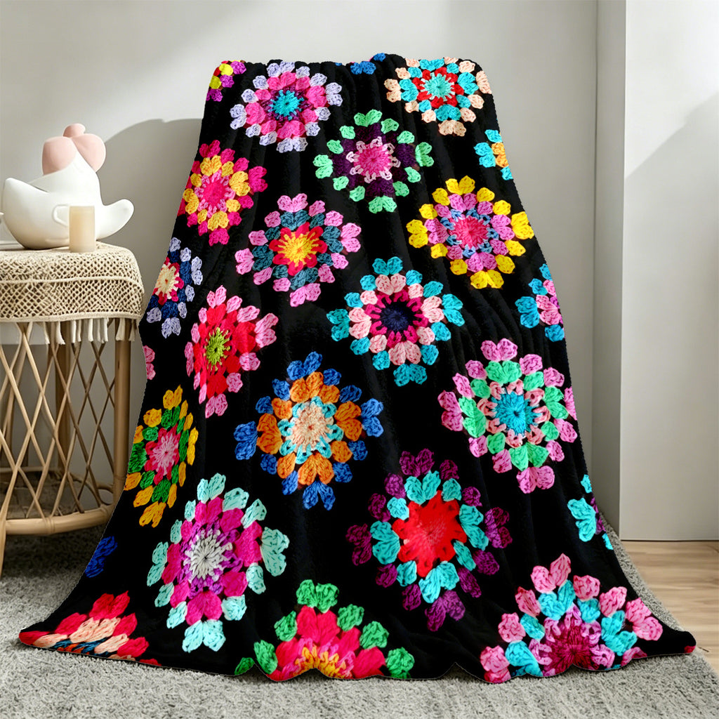 1pc/Black Background Multicolor Crochet Grandma Plaid Floral Full Print Retro Ethnic Style Printed Fleece Blanket, Soft Warm Lightweight, All Seasons, Machine Washable - Suitable for Sofa, Bed, Travel, Camping, Living Room