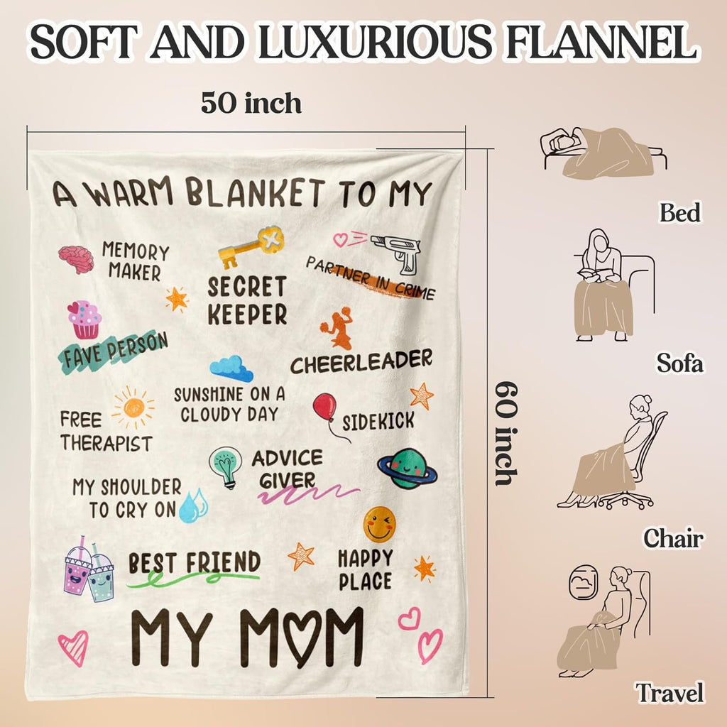 Gifts for Mom, Birthday Gifts for Moms, Mom's Birthday, Christmas Valentines Mothers Day Ideas Gifts for Mother-A Warm Blanket to- My MOM Blanket White 60 X 50