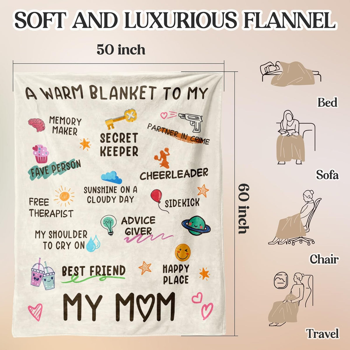 Gifts for Mom, Birthday Gifts for Moms, Mom's Birthday, Christmas Valentines Mothers Day Ideas Gifts for Mother-A Warm Blanket to- My MOM Blanket White 60 X 50