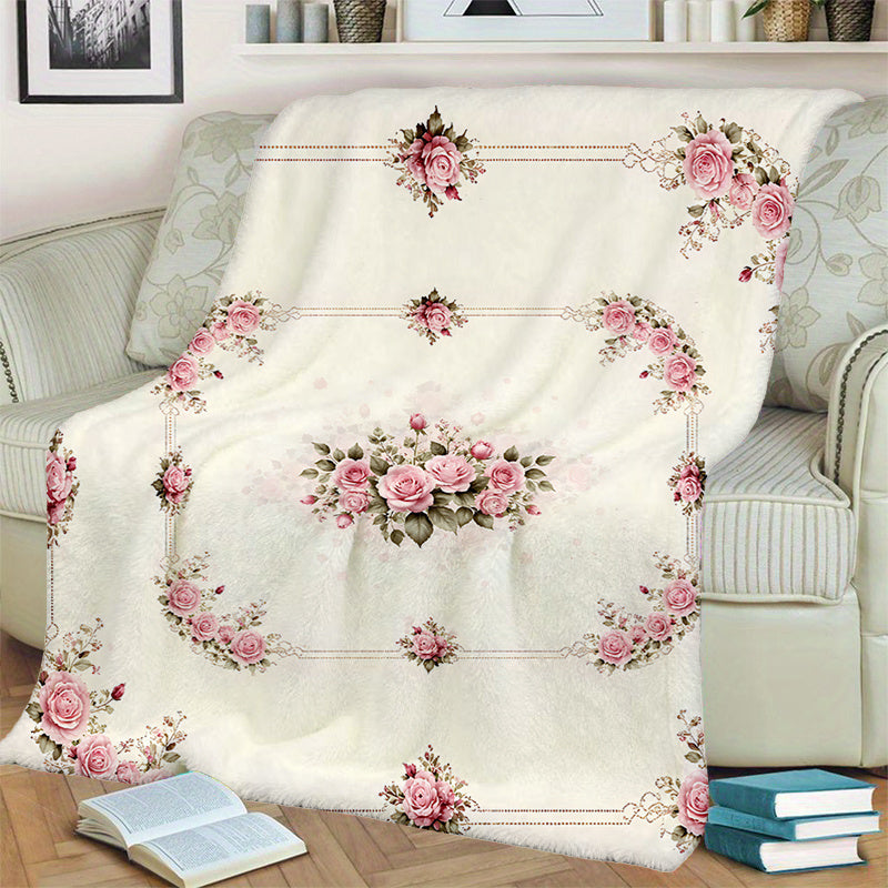 1pc Pink Rose Border Pattern Blanket, Vintage Style Design, Soft Plush Surface, Lightweight and Durable Flannel Material, Multiple Sizes Available, Perfect for Holiday Gatherings, Living Room Lounging, Bedroom Warmth, Study Reading, Seasonal Home