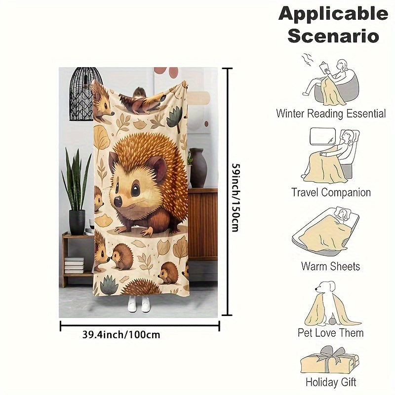1pc Cute Hedgehog Flannel Blanket | Soft, Warm and Cozy for Sofa,, Office - All-Season Comfortable, Hypoallergenic, Machine Washable - Charming Cartoon Design with Autumn Leaves, Perfect Holiday Gift, Cute Blanket