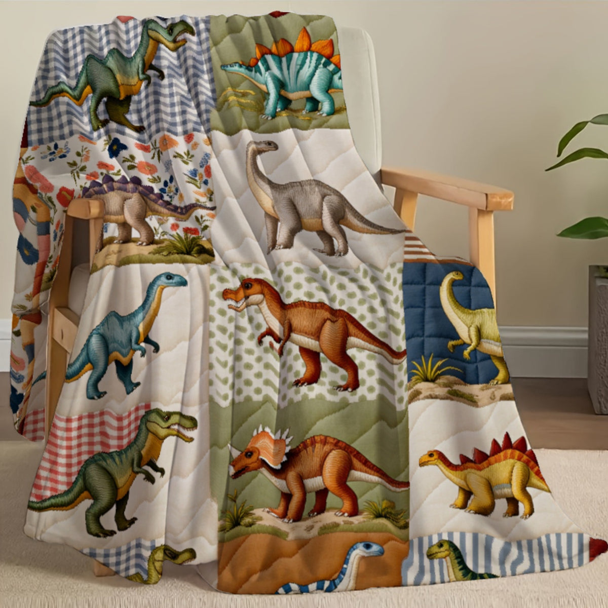 This Digital Print Flannel Blanket Features a Retro Floral Border And Various Dinosaurs Like T-Rex, Stegosaurus, And Triceratops. It's Soft, Warm, And Comfortable, Making It Perfect for Use in The Bedroom, Living Room