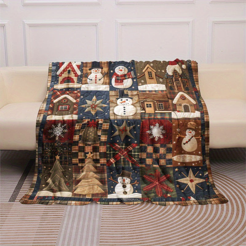 1pc Retro Patchwork Cute Christmas Snowman Flannel Blanket, Ultra-Soft, Comfortable, And Warm, Holiday Decoration for Home Blanket, Winter Must-Have Blanket, Suitable for Home, Office, Car, Sofa, And Multiple Scenarios