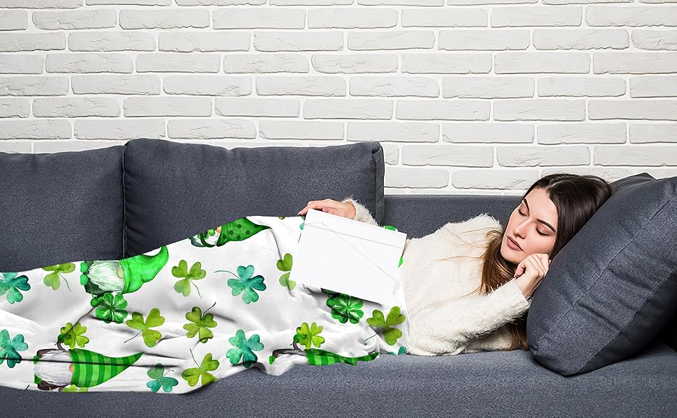 Jbralid St. Patrick'S Day Clover Gnome Throw Blanket in Green, Featuring a Soft, Lightweight, And Durable Flannel Design, Perfect for Decorating Your Sofa, Couch, Or Bedroom. Measures 40X50 Inches