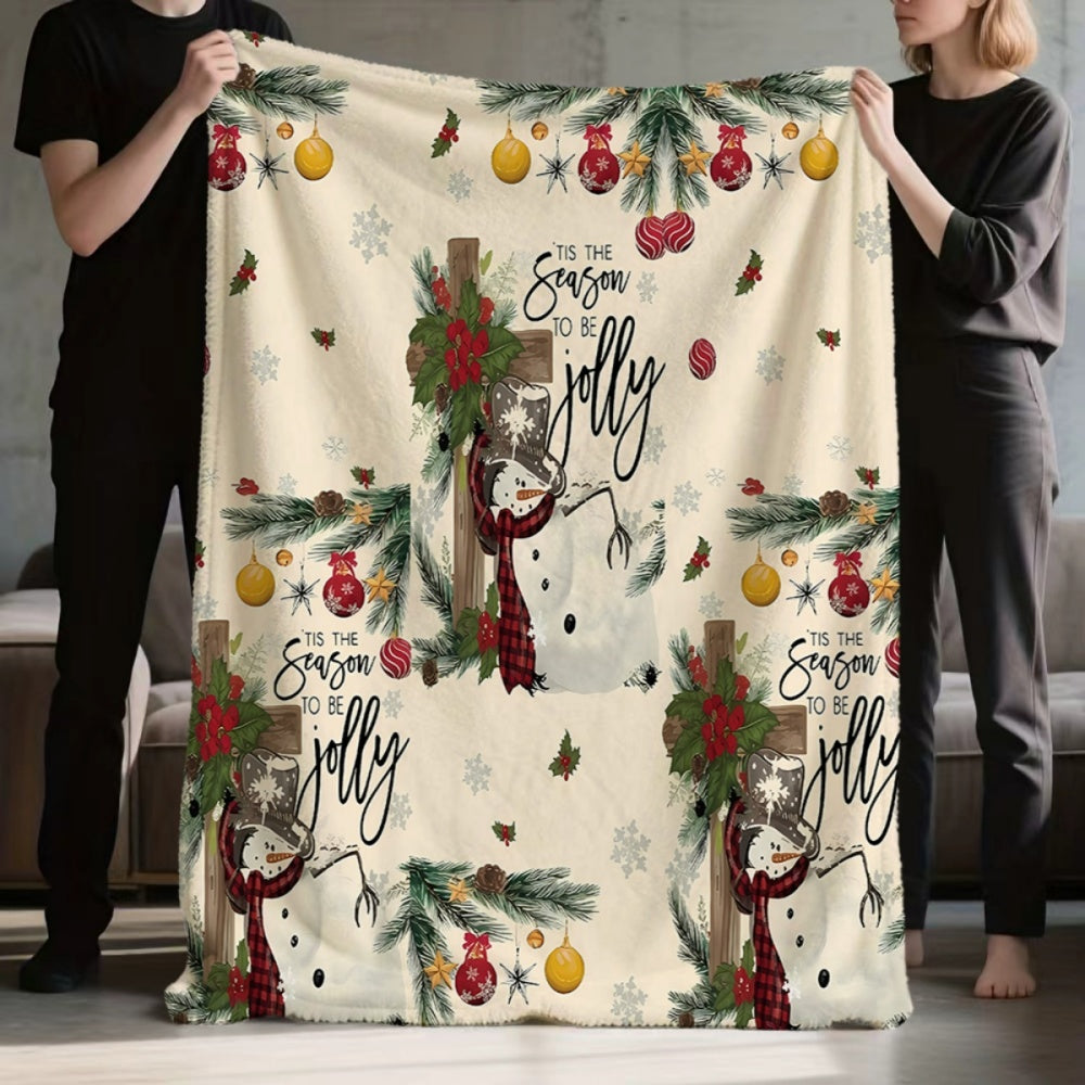 1pc, 1pc Christmas Snowman and Pine Branch Decorated Flannel Blanket, Soft, Comfortable, and Warm, Beige Holiday Design, Durable Plush Surface, All-Season Universal Sofa Blanket, Warm Throw Blanket, Multiple Sizes Available, Suitable for Living Room