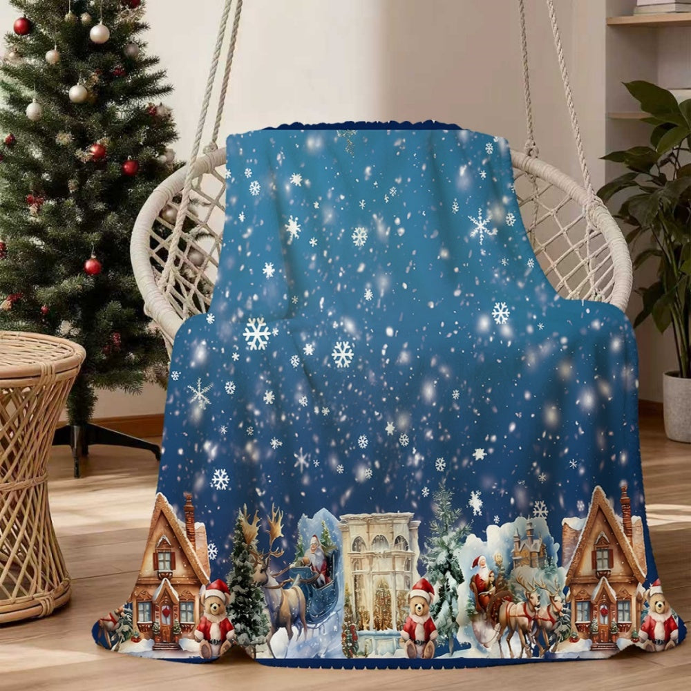 Christmas Snow Scene Reindeer and Santa Claus Blue Flannel Blanket, Soft, Comfortable, and Warm, Winter Design, Durable Plush Surface, All-Season Universal Sofa Blanket, Warm Throw Blanket, Multiple Sizes Available, Suitable for Living Room