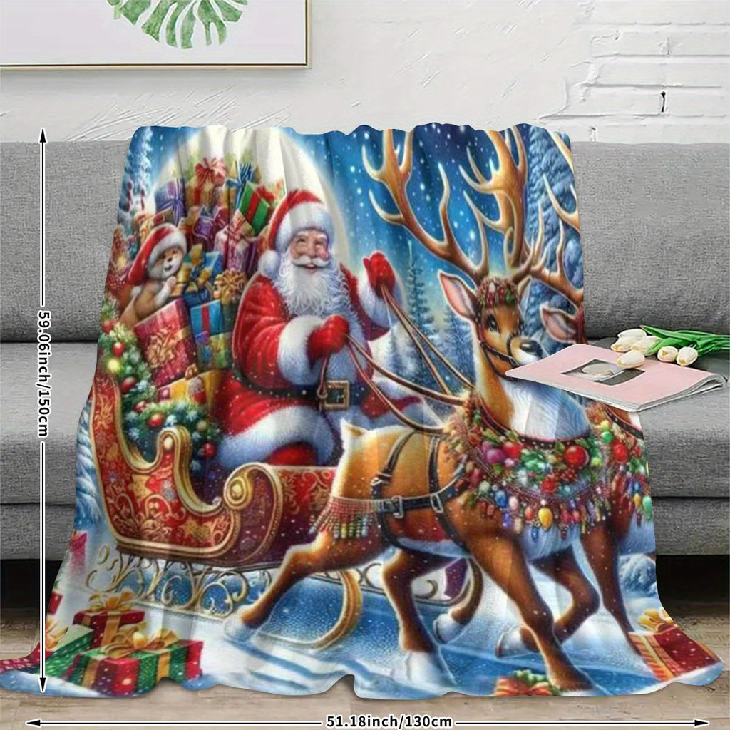 1pc 2D Flat Printing Santa Claus And Reindeer Sleigh Pattern Blanket - Soft And Comfortable, Blue And Red Main Colors, Festive Decor Style, Multiple Sizes Available, Suitable for Living Room, Bedroom, Sofa, And Reading Area