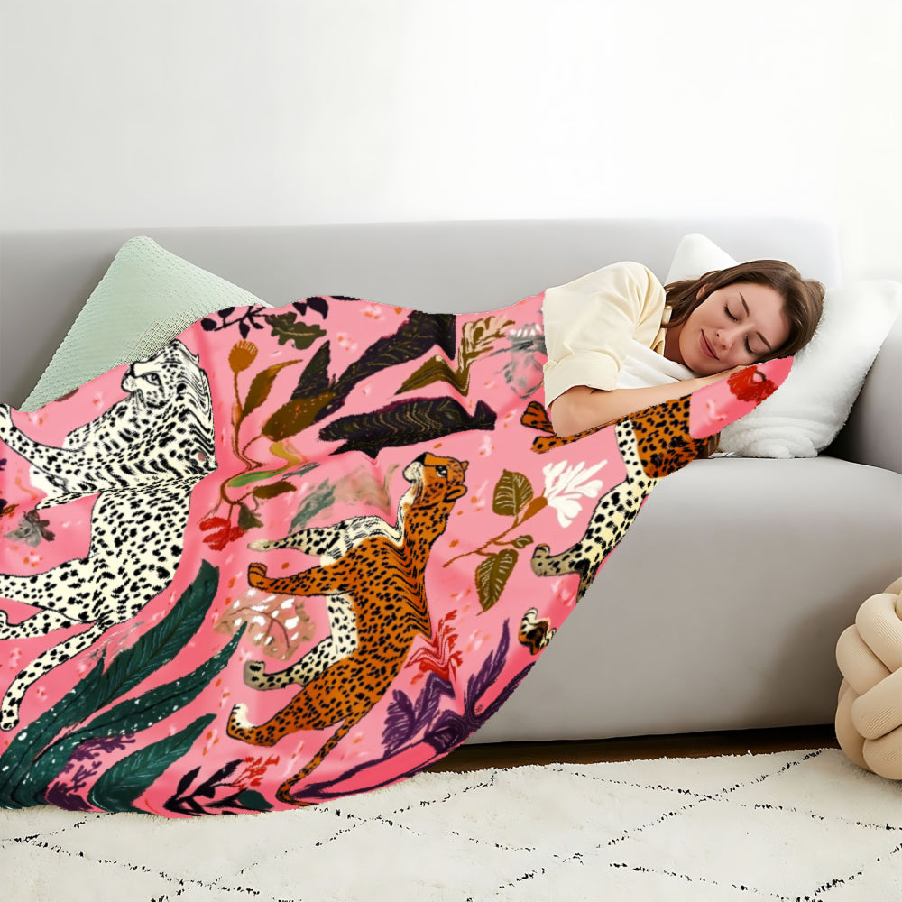 Leopard Print and Tropical Floral Pattern, Animal Lover's Gift, Blanket, Pink Jungle Design, Home Decor, Soft and Comfortable, Multi-purpose
