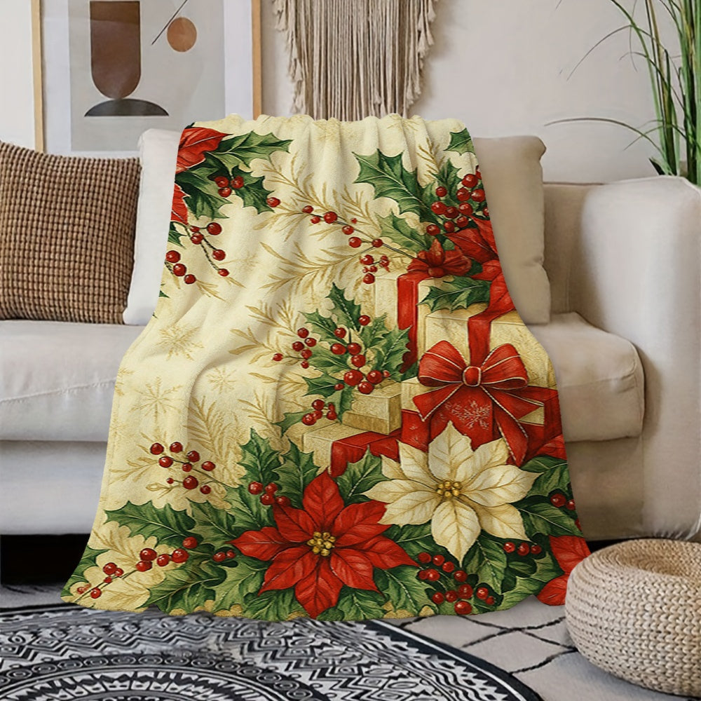1pc Christmas Red And White Floral And Gift Box Pattern Cream-Colored Flannel Blanket, Christmas Winter Body Blanket, Soft Plush All-Season, Suitable for Weekend Sofa Naps, Home Afternoon Rest, And Movie Entertainment