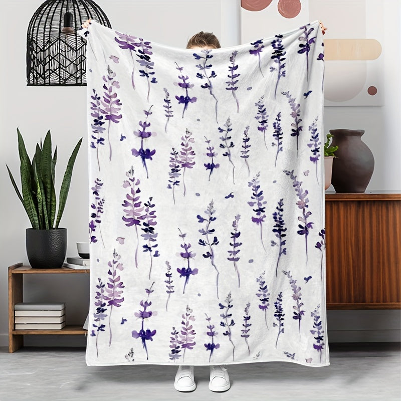 1pc Lavender Floral Pattern Flannel Blanket, Gift Blanket for Family and Friends, Nap Blanket, Throw Blanket, Sofa Blanket, Multi-purpose Blanket for Camping and Travel