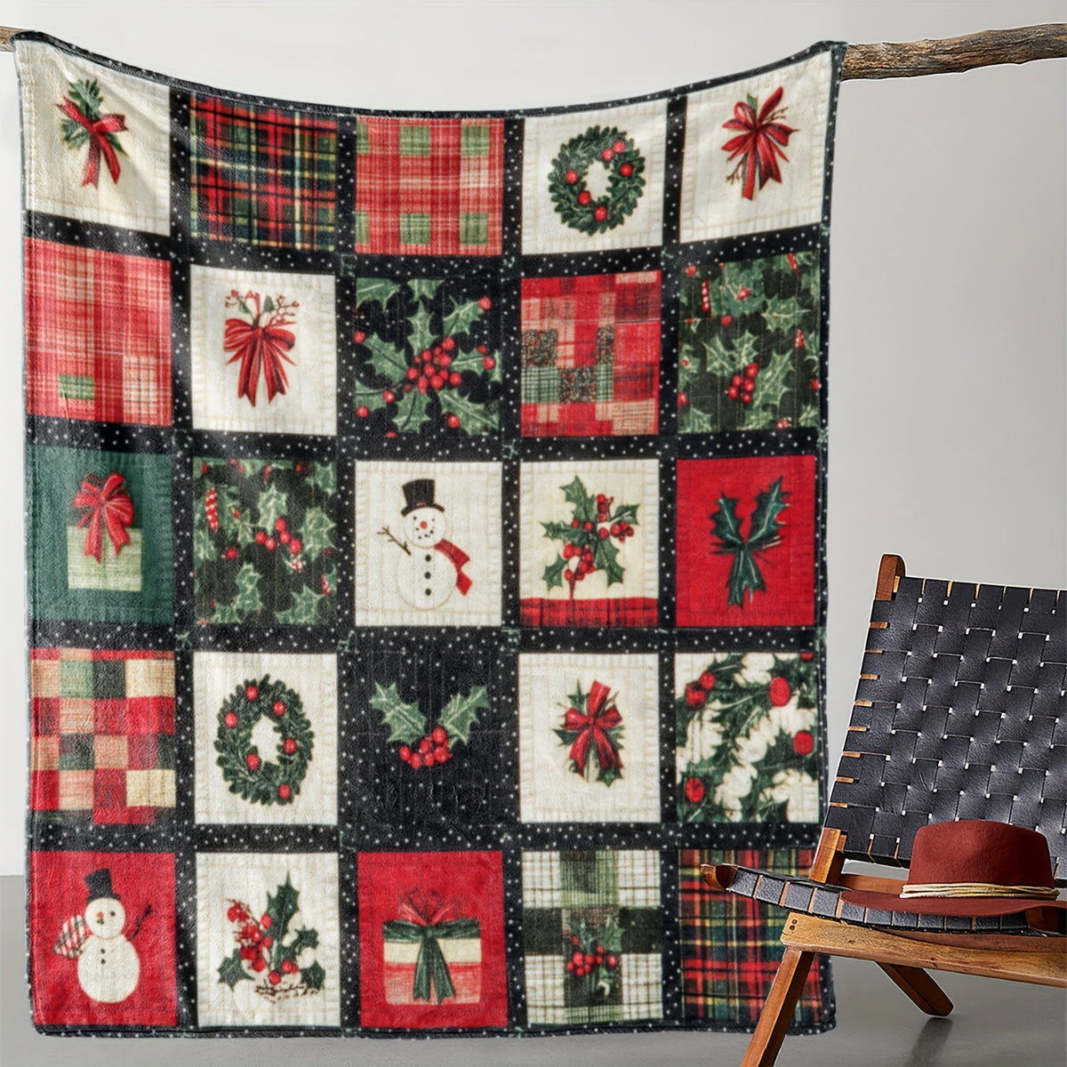 1 Cozy Flannel Christmas Blanket with Snowman and Red Berry Prints - Soft, Warm, and Cozy, Suitable for Sofas, Cars, Offices, Camping, Travel - an Ideal All-season Gift for Christmas Decorations