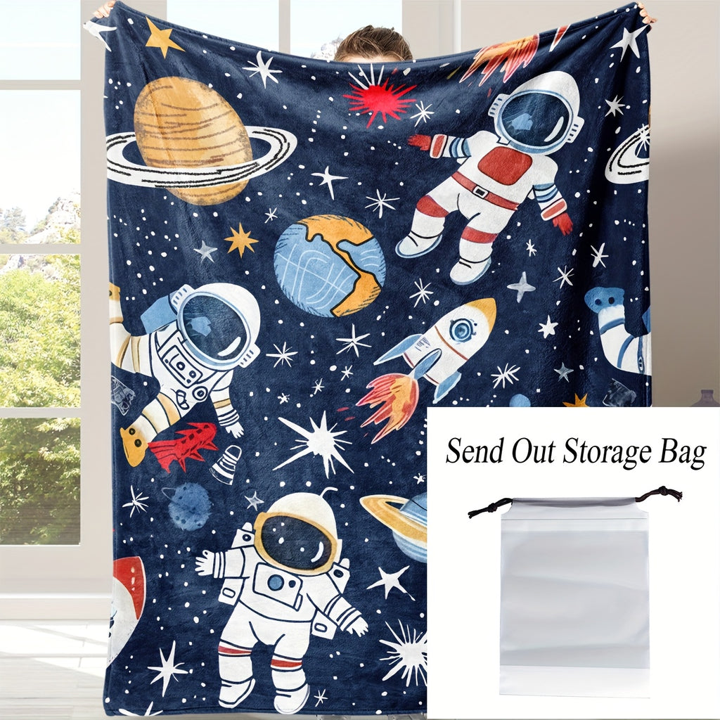 1pc Cozy Astronaut Blanket - Soft Flannel Fleece Space-Themed with Planets & Rockets, Lightweight All-Season Throw Suitable for, Sofa, Travel, Camping, & Room Decor
