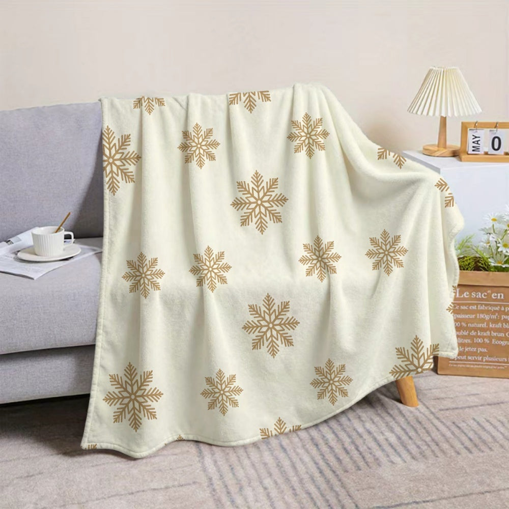 1pc, 1pc Golden Snowflake Pattern Christmas-themed Flannel Blanket, Soft, Comfortable, and Warm, Cream White Design, Durable Plush Surface, All-season Universal Sofa Throw, Warm Lap Blanket, Multiple Sizes Available, Suitable for Living Room Sofas