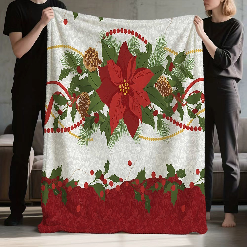 1pc Christmas Floral and Pinecone Pattern Flannel Blanket, Soft, Comfortable, and Warm, with a Red, White, and Green Design. A Four-season Universal Blanket and Warm Throw, Available in Multiple Sizes. Suitable for Living Room Sofas